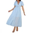 thumbnail image 5 of Spring/Summer Casual Commute Vacation V-neck High-waisted Short-sleeved Slit Dress for Women, 5 of 5