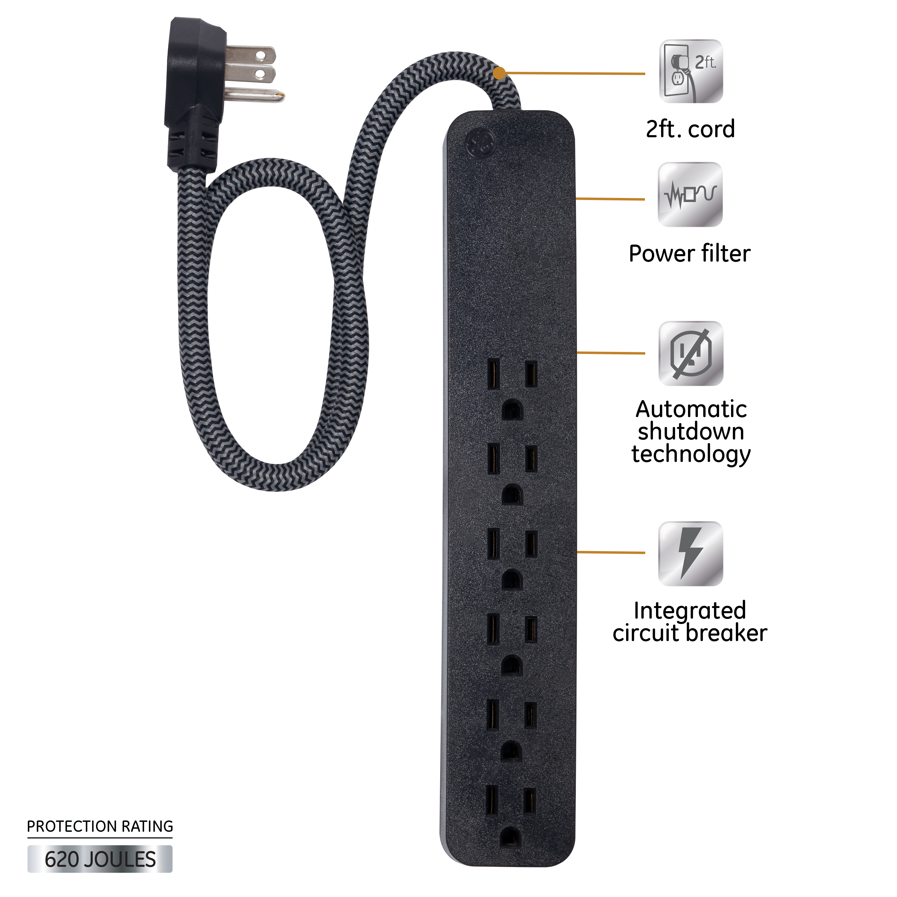 GE Pro 6-Outlet Surge Protector Power Strip, 2 Ft Cord photo 4