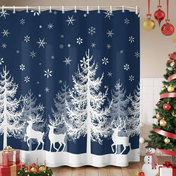 Christmas Blue Shower Curtain, White Xmas Tree Elk Winter Snowflake Waterproof Fabric Shower Curtains with 12 Hooks, Bathroom Curtain Set for Bathroom Accessories Decor, 60 x 72 Inches