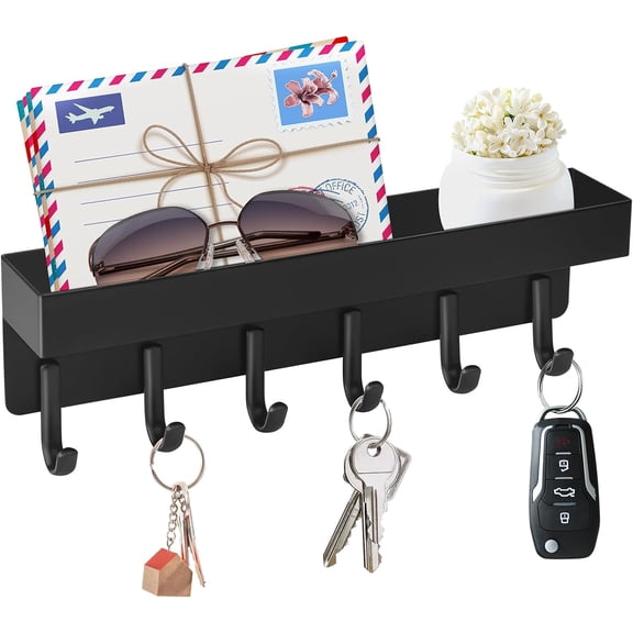 Magnetic Key Holder Wall Mount, Compact Metal Key Rack with Tray, 6 Hooks, 2 Mount Options, Black