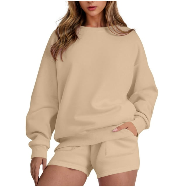 Ensemble 2 Pcs Femme Manches Longues Col Rond Chandail en Molleton Taille Haute Shorts de Course Ensemble Ample Automne Entraînement Survêtements