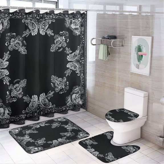 Shower Curtain Set 4 Piece include Shower Curtain and Rugs and Non Slip U Shaped Toilet Rugs Luxury Bathroom Decor Black Bandana Paisley