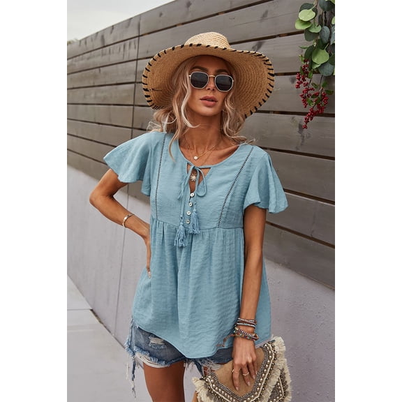 Tie Neck Half Button Flowy Short Sleeve Summer Blouse for Women