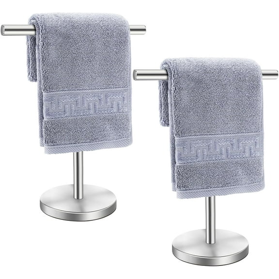 T-Shape Bath Hand Towel Holder Stand, Stainless Steel Free Standing Hand Towel Rack with Heavy Base, for Bathroom Kitchen & Countertop, Silver, 2 Pack