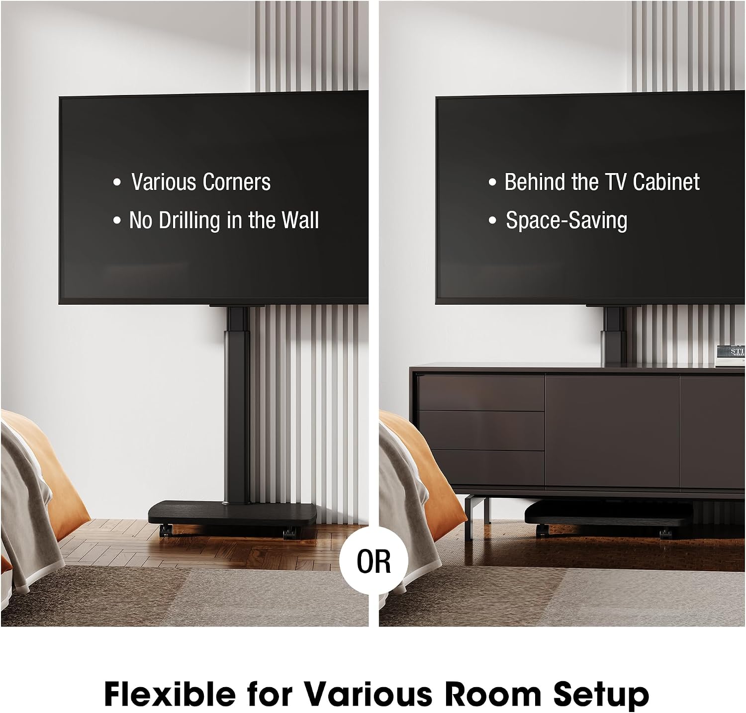 AOKCOS Rolling TV Stand for 32–65 Inch TVs, Black, Portrait/Landscape Rotation, Tilt