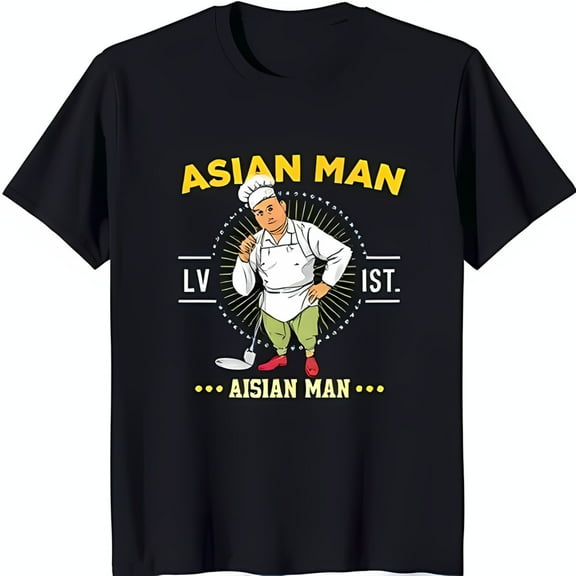Black T-Shirt with Cartoon Design Asian Man Graphic Fun & Unique