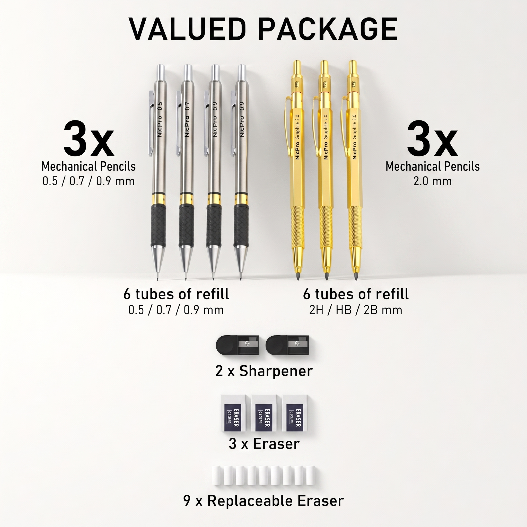 NicPro Gold Art Mechanical Pencil Set, 6 Pencils & Refills photo 5