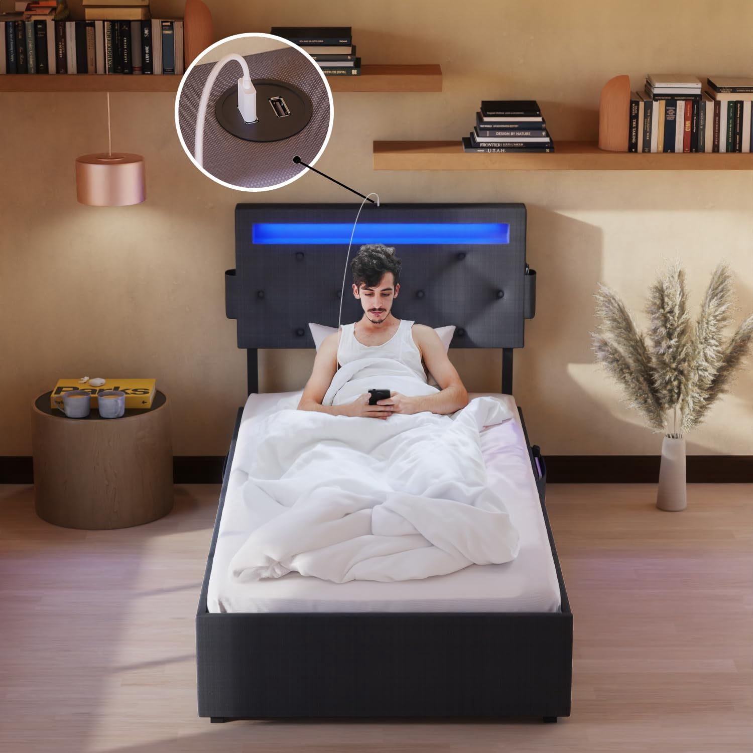Miniyam Upholstered Twin Size Bed with USB Charging Station, LED Lights, Storage Drawers, Dark Gray