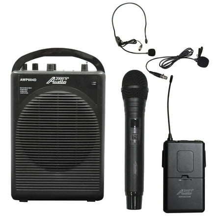 Wireless Battery Powered Pa System - Audio2000 AWP604DL 25W Dual Channel Combo Wireless Microphone Battery Powered PA System with Handheld, Headset & Lapel Mics