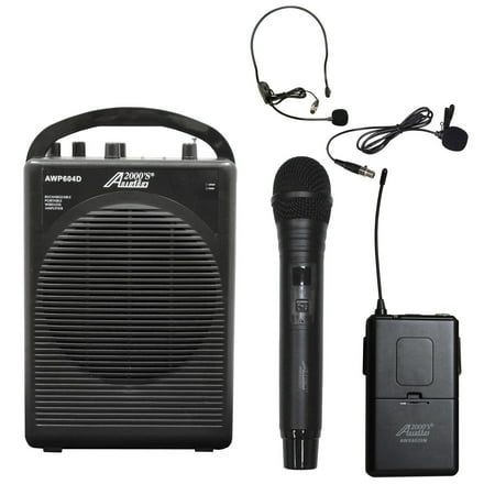 Audio2000 AWP604DL 25W Dual Channel Combo Wireless Microphone Battery Powered PA System with Handheld, Headset & Lapel (Best Battery Powered Pa System)