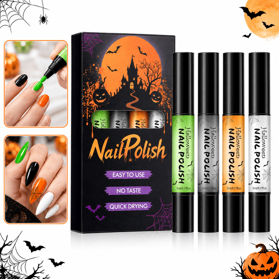 Halloween Nail Polish Pen Set, 4 Colors Green Black Orange White, 5ml Each, Built-In Applicator, Air-Dry DIY Manicure Nail Art
