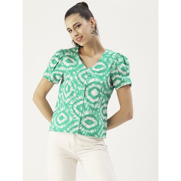 DressBerry Women's Printed Cotton Poplin Short Puffed Sleeves Blouse Buttoned Closure V Neck Lightweighted Casual Summer Wear Waist Length Regular Top