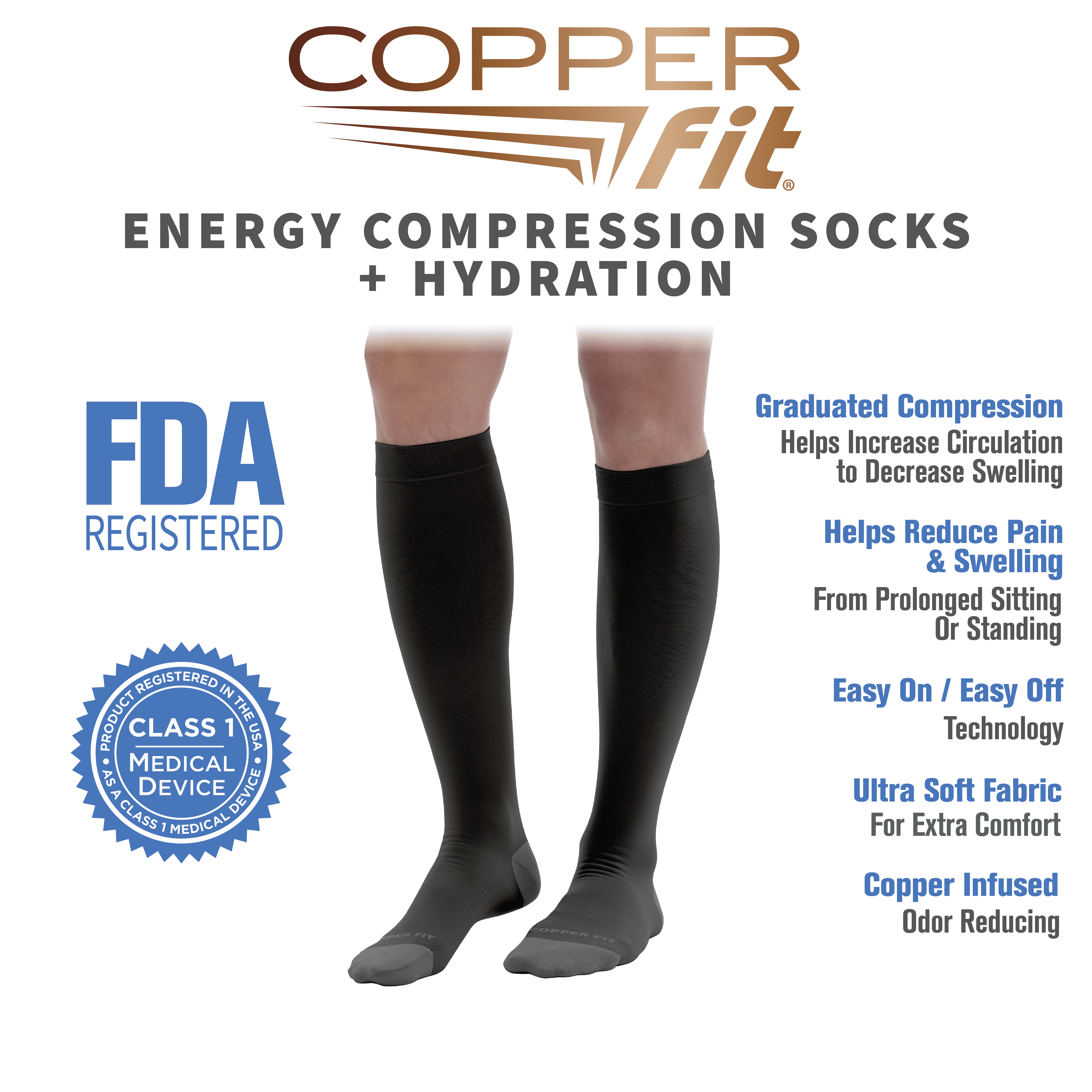 Copper Fit ENERGY Compression Socks, Silky-Soft, Hydration, Unisex, Black, S/M