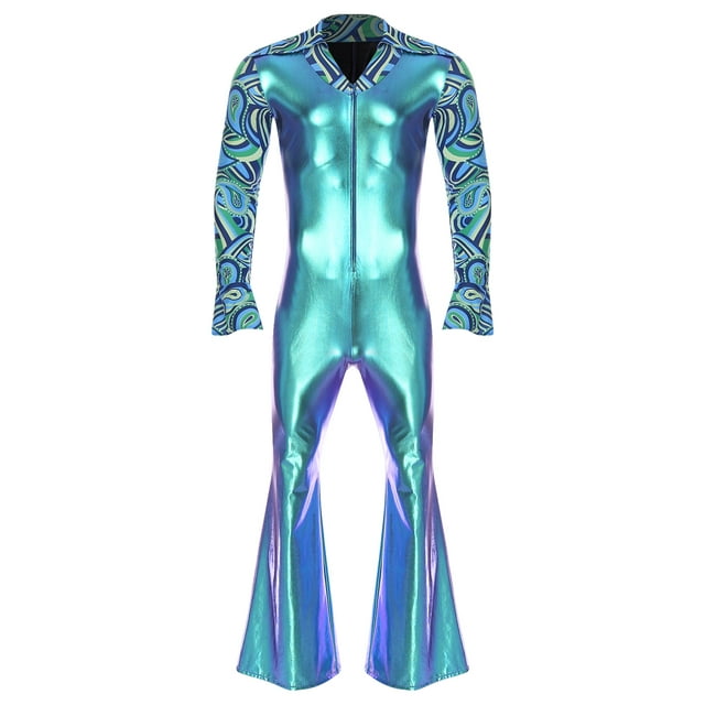 Raenseen Men's Shiny 70s Disco Dance Costume Print Patchwork Flared Leg Jumpsuit Hippie Rompers Blue L