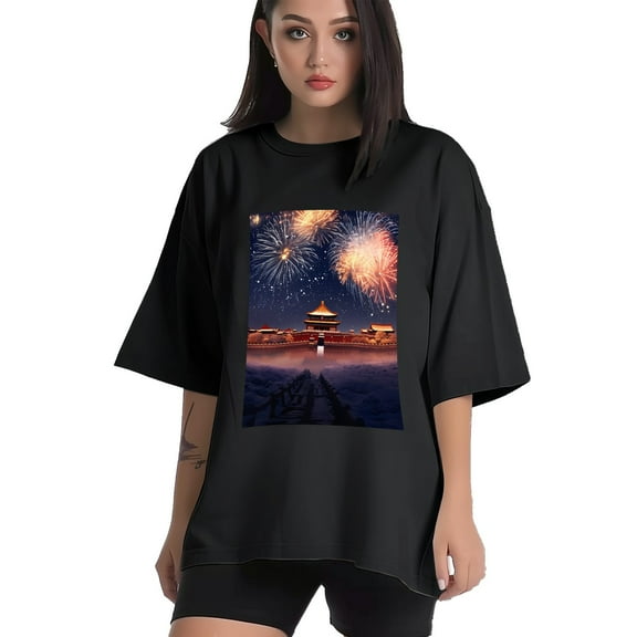 Plus Size Shirt for Women Black Tops for Women Short Sleeves Shirt for Women Fireworks Sky T Shirt Crewneck Shirt for Women XS