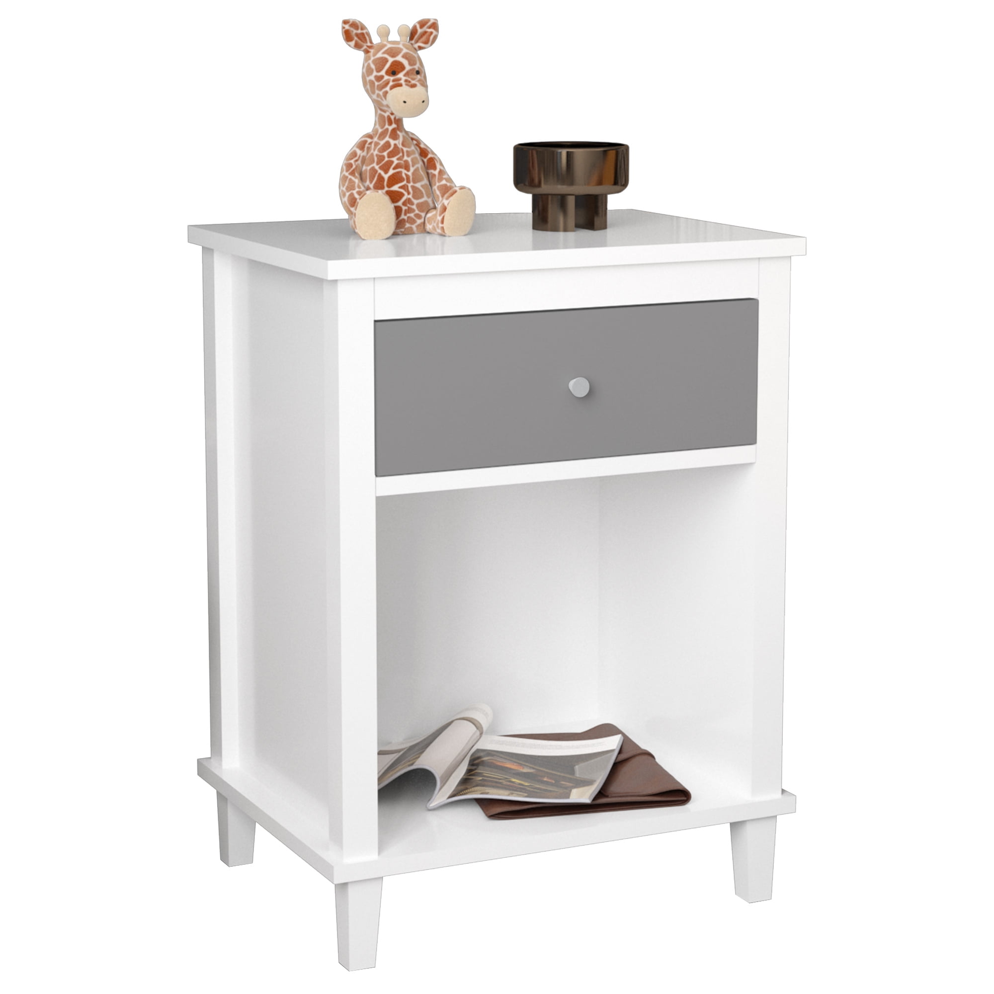 26.77''H Wooden Nightstand with One Drawer One Shelf for Kids, Adults,Gray+Silver handle