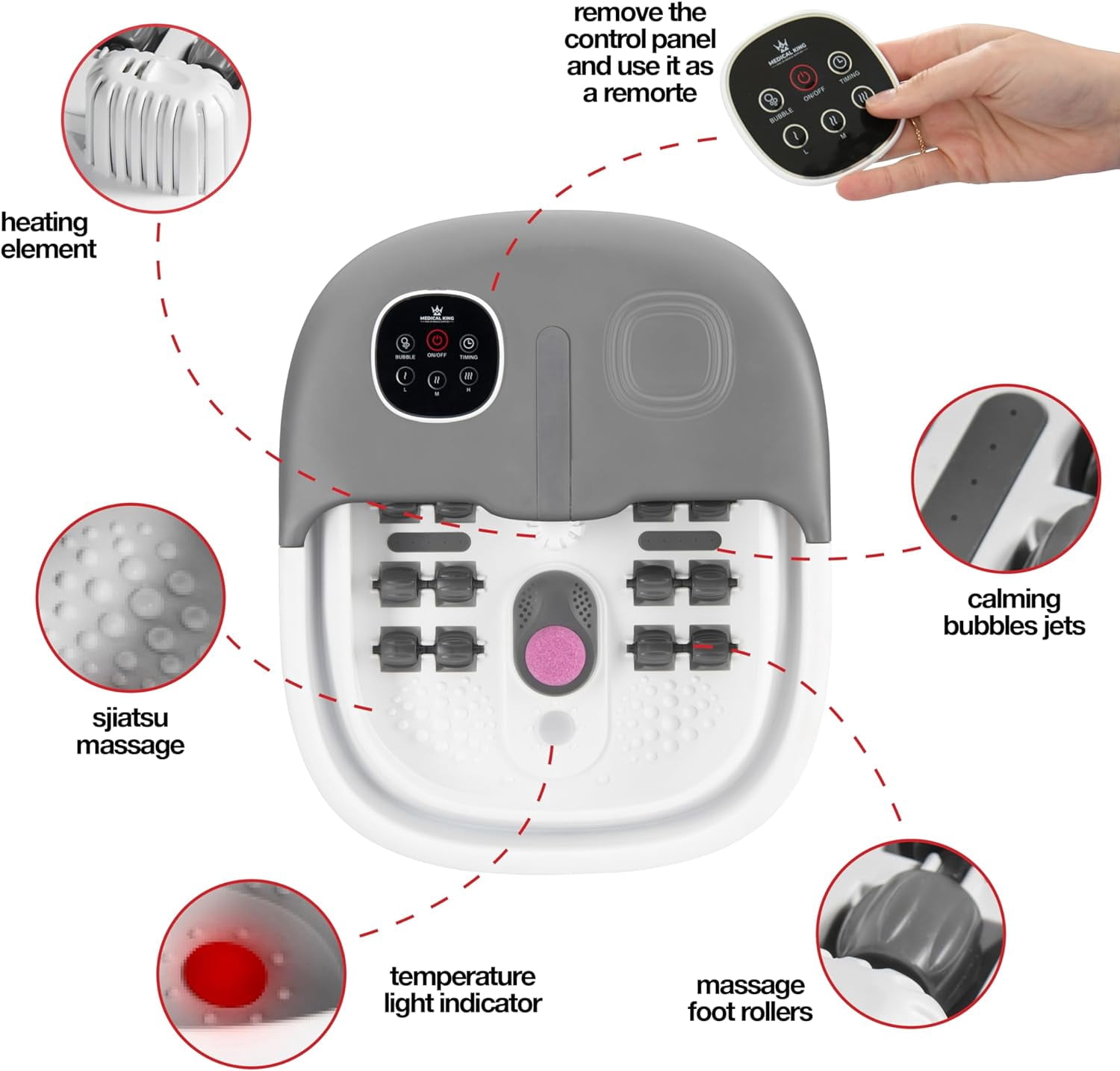 Foot Spa with Heat and Jets Includes A Remote Control A Pumice Stone Collapsible Grey Foot Spa Massager with Massage Bubbles and Vibration Medical King