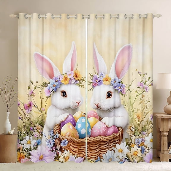 Feelyou Kawaii Rabbit Bunnies Black Out Curtains, Cartoon Eggs Curtains Pack of 2 (42x63 Each), Happy Western Easter Bedroom Curtains, Black Out Curtains Decor