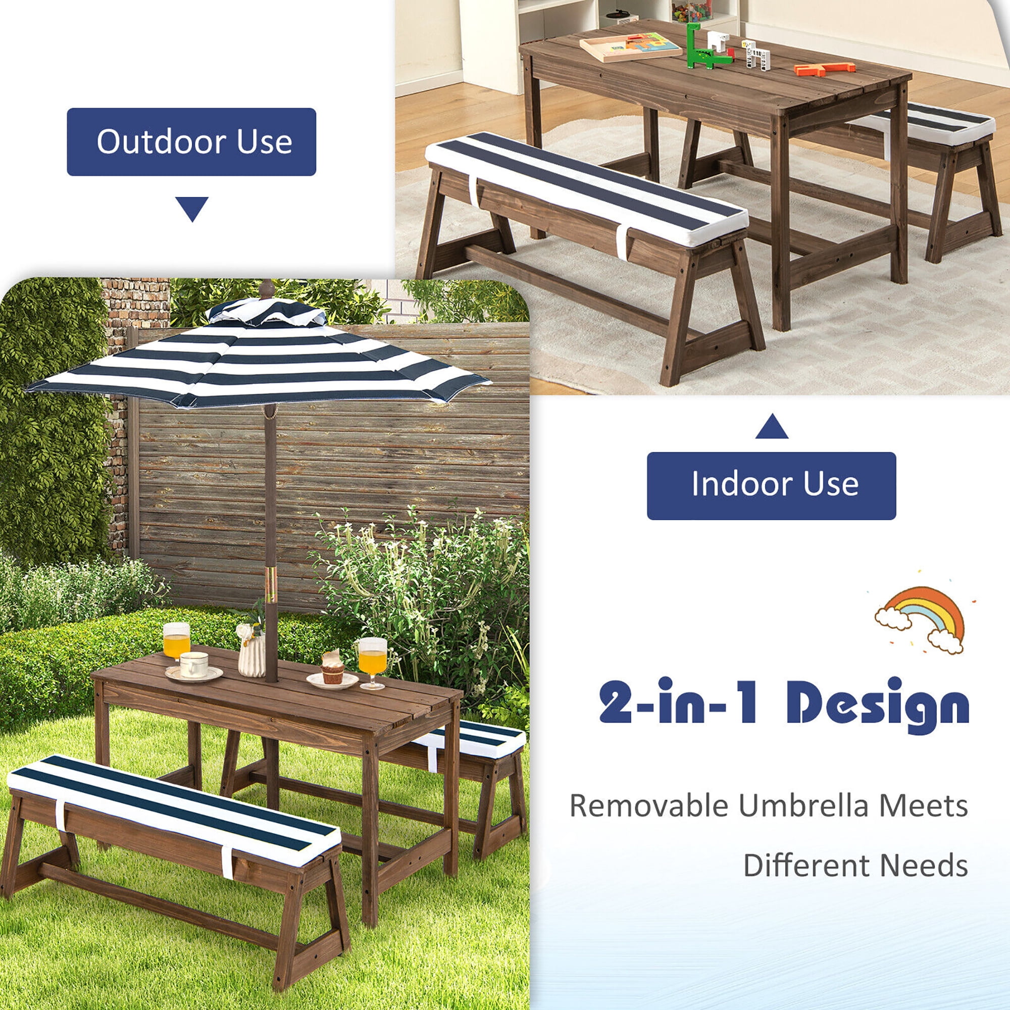 Gymax Kids Wood Picnic Table and Bench Set w/ Cushions Umbrella for Indoor Outdoor Blue