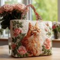 thumbnail image 2 of Women's Orange Cat Pink Rose Quilted Canvas Tote Bag Large Capacity Reusable Floral Shoulder Handbag For Work Shopping Travel, 2 of 4