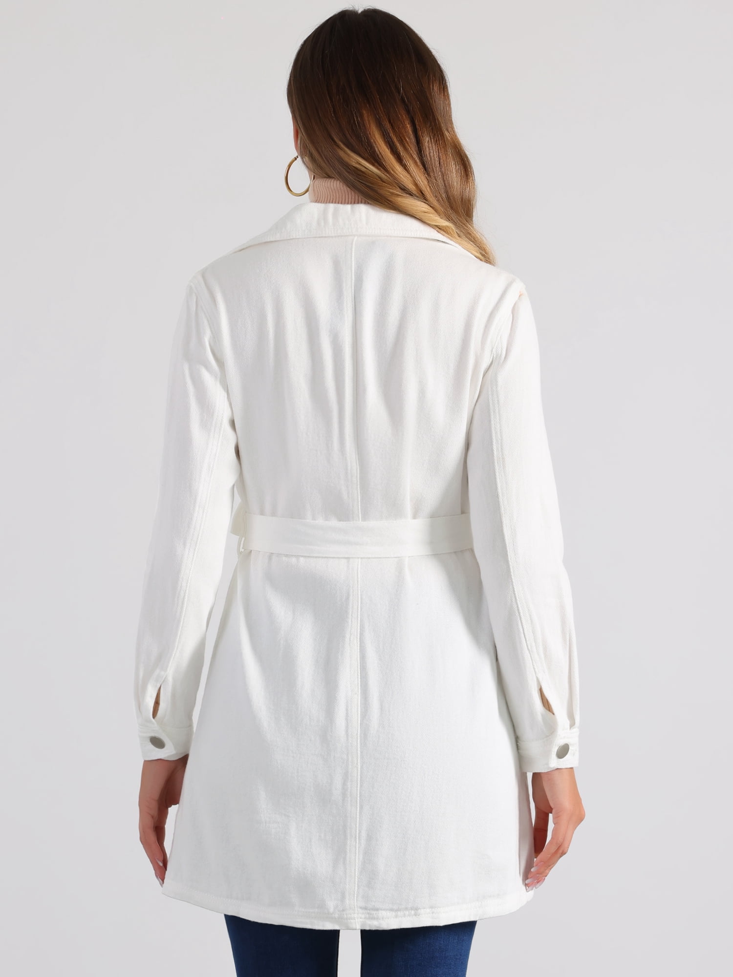 DARING DIVA Trench Jean Notched Lapel Long Sleeve Denim Jacket XL White