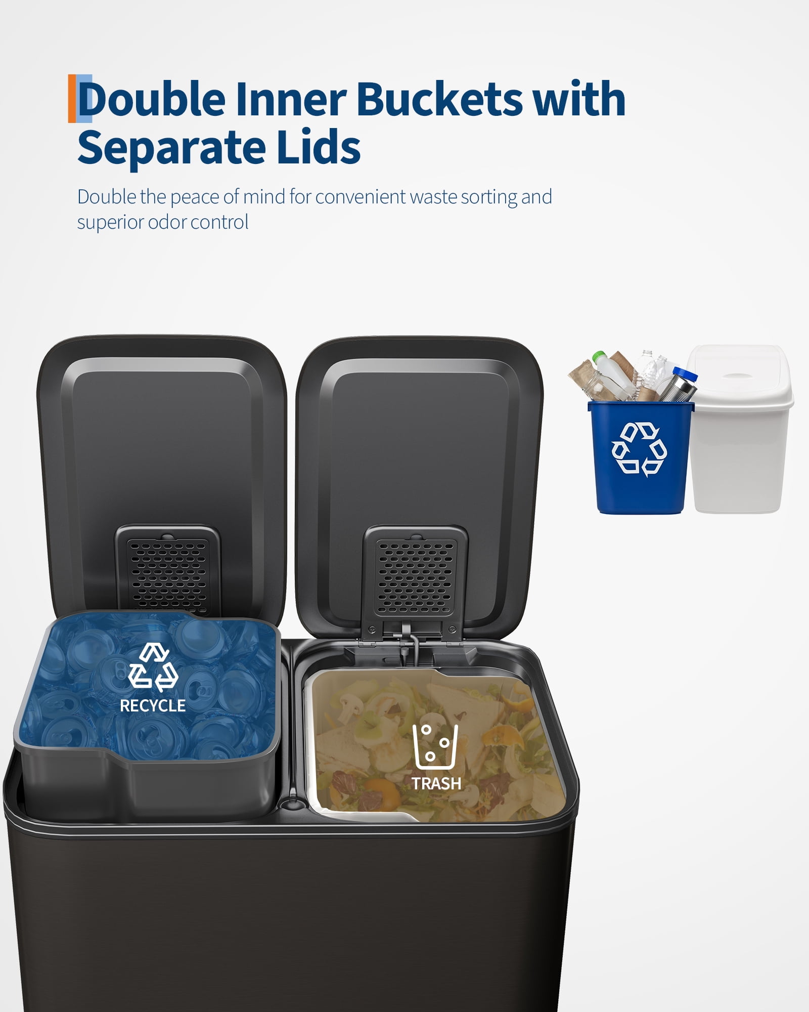 2 x 8 gal Stainless Steel Dual Trash Can, Step-on Kitchen Metal Garbage Cans, Double Compartment Garbage and Recycling Bin Combo with Metal Lid, PP Inner