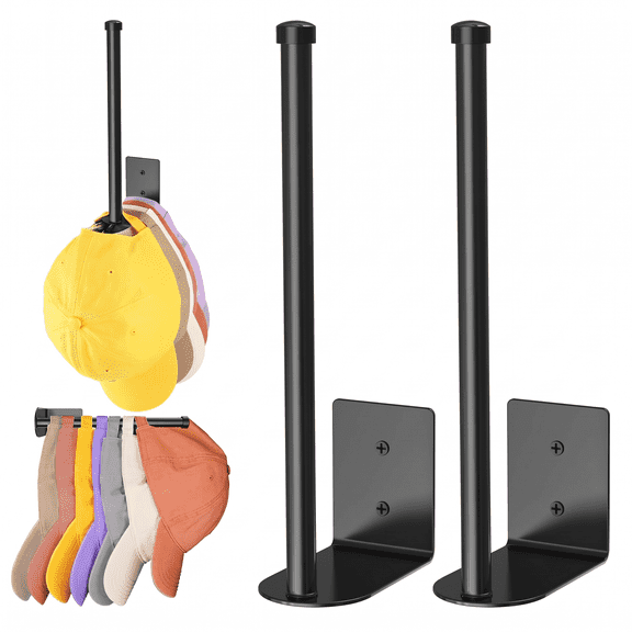 ROSEXIXI 2 Pcs Black, Hat Rack and Towel Holder, 2-in-1 Baseball Cap Storage Organizer, No Drilling Required Wall Mount Hat Hanger for Bedroom, Bathroom & Kitchen