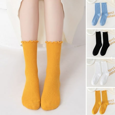 

AYYUFE 1 Pair Japanese Style Ribbed Solid Color Thermal Socks Spring Autumn Women Ruffle Cuffs Mid-Tube Socks