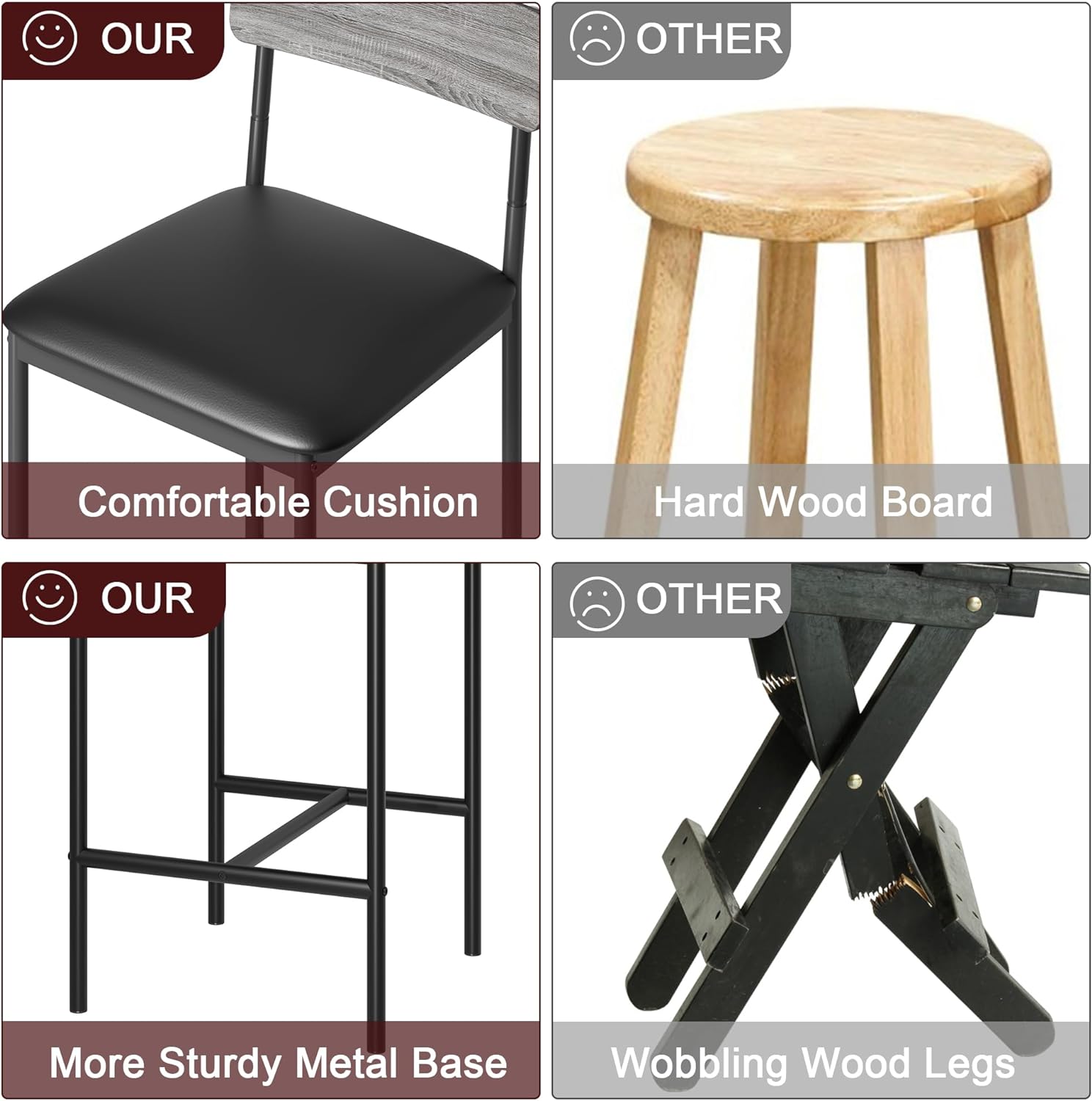 Set of 4 Upholstered Bar Stools, 25.5-Inch Kitchen Counter Height Chairs with Footrest and Back Support in Rustic Gray, Easy Assembly