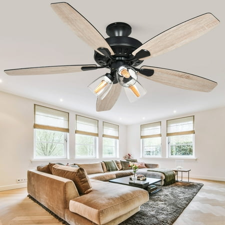 

YITAHOME Farmhouse Ceiling Fan with Light and Remote 52 Inch Low Profile Flush Mount Ceiling Fan with Clear Seeded Glass Light Kit Quiet Reversible Motor 3 Speed Timer Oak and Black