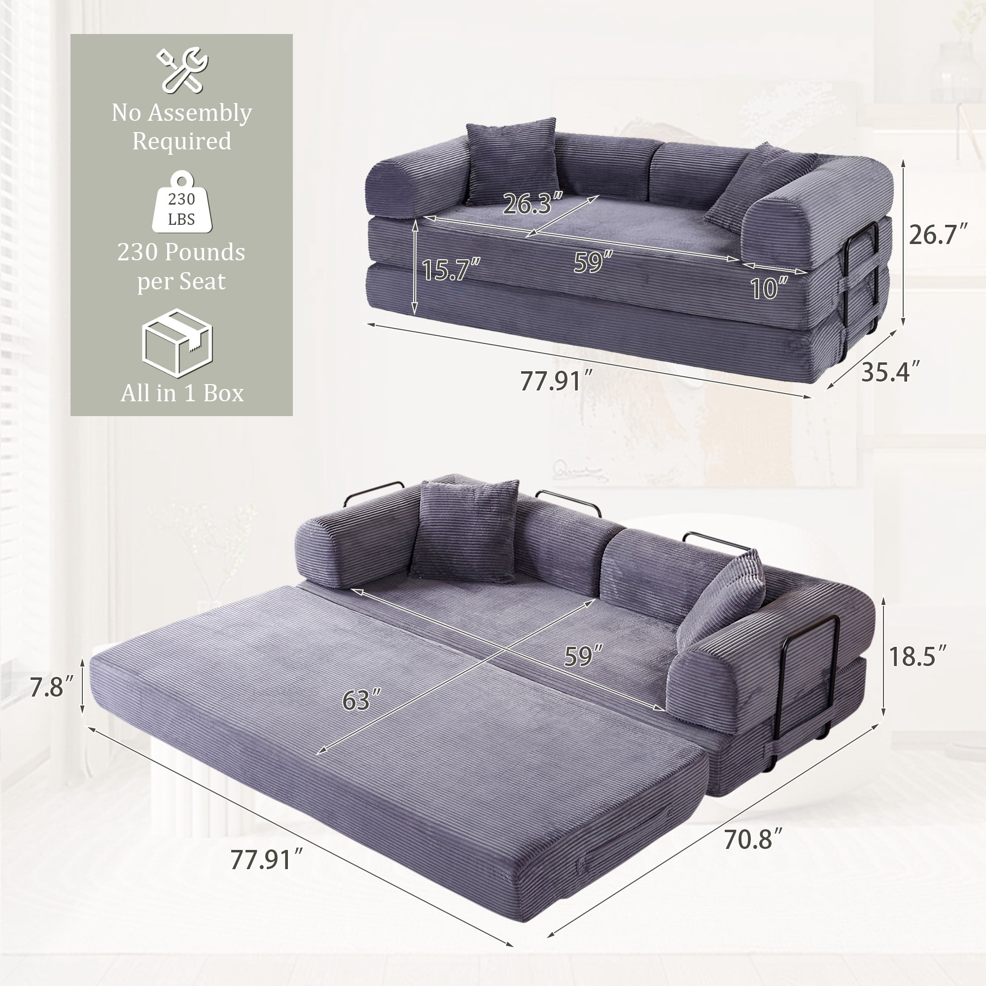 Timbernest Convertible Sleeper Sofa Bed 78" Folding Sofa Bed with 2 Pillows 3-Seat Floor Sofa for Living Room, No Assembly, Gray