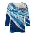 thumbnail image 4 of HOMBOM V Neck Shirts for Women Blue 3/4 Sleeve Pullover Fashion Drop Shoulder Button Marble Print Tee, 4 of 5