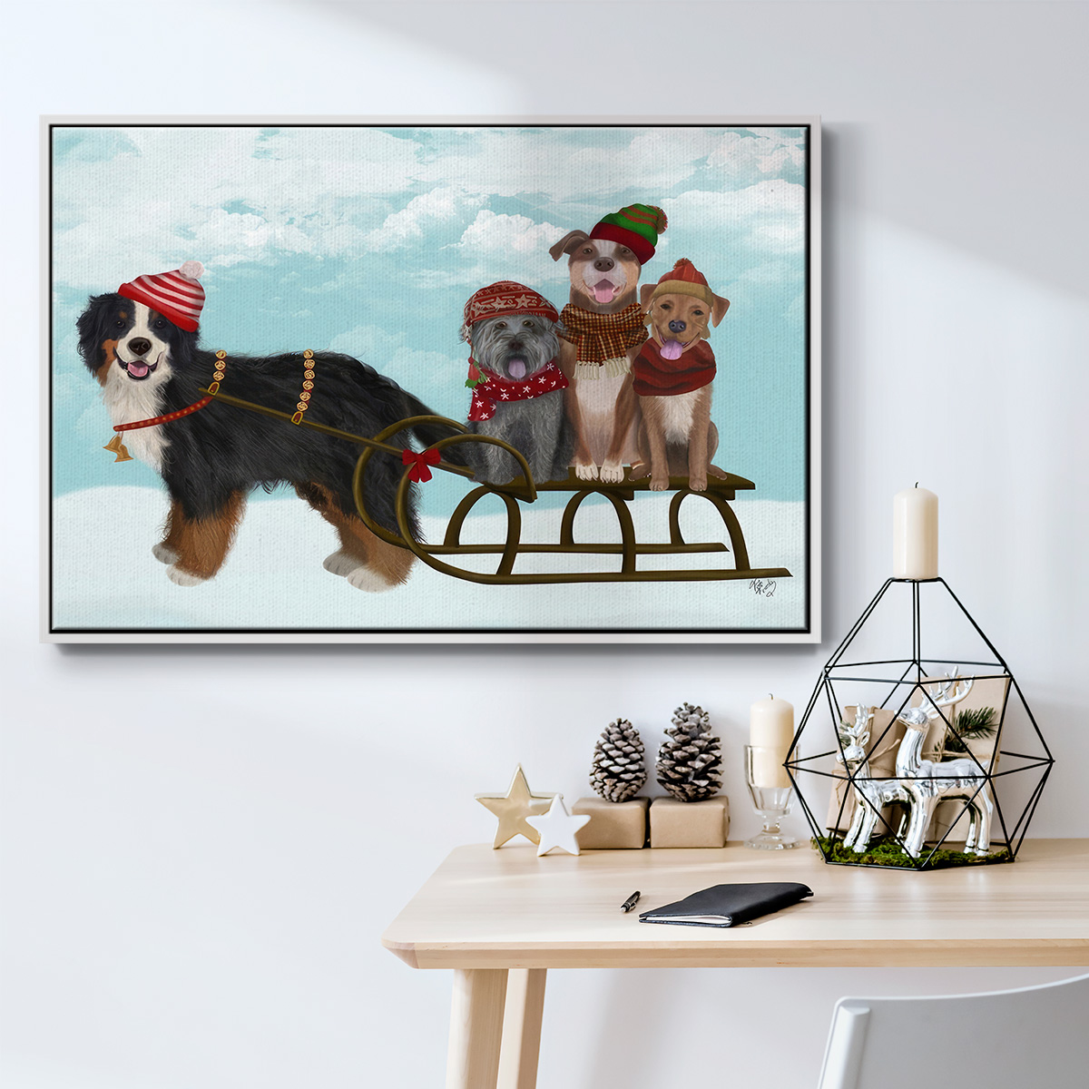 Christmas Mutt Sled - Framed Gallery Wrapped Holiday Canvas - 17 x 25 - White Frame