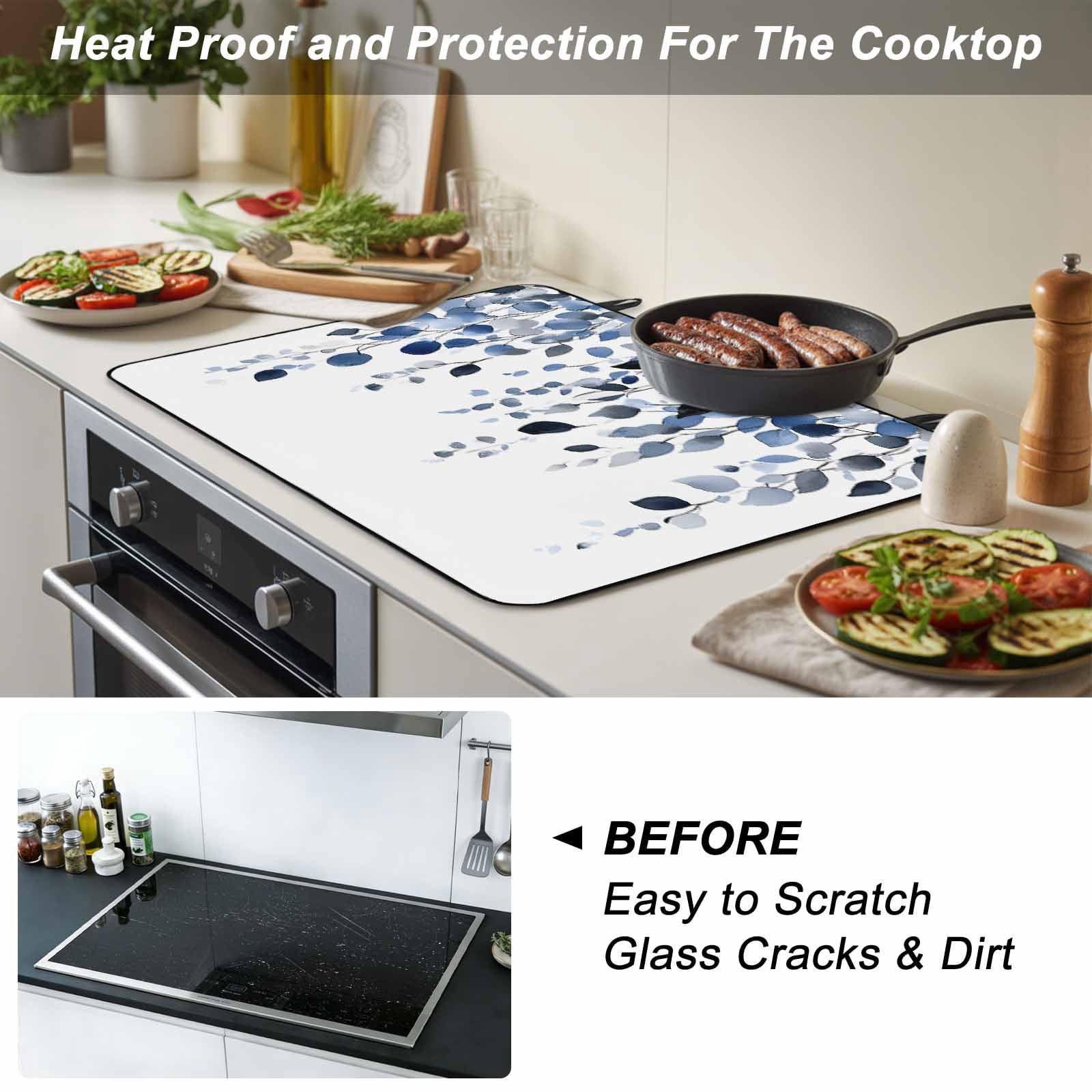 Blue Eucalyptus Leaves Stove Top Cover for Electric Stove, Heat-proof & Non Slip Glass Top Stove Cover Protector, Summer Botanical Watercolor Kitchen Flat Cooktop Rubber Mat 24x21 Inches