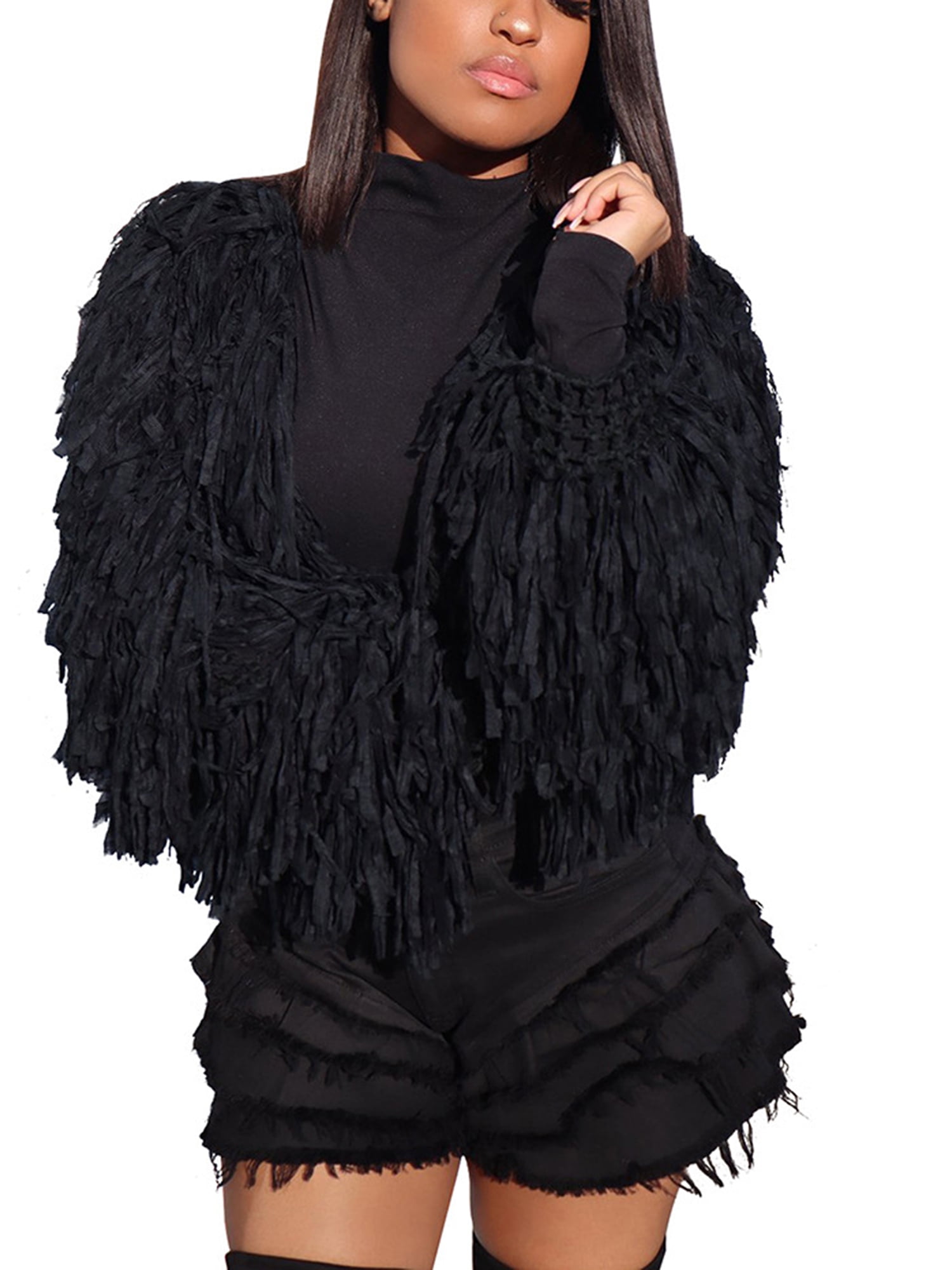 Women Long Sleeve Tassel Crop Jacket 