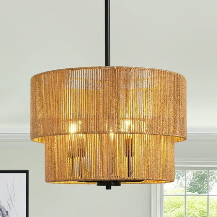 Woven Hemp Rope 5-light Pendant Light Hanging Fixture for Living Room Dining Room and Bedroom