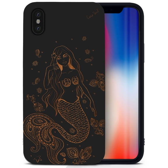 Case Yard Wooden Case for iPhone-X Soft TPU Silicone cover Slim Fit Shockproof Wood Protective Phone Cover for Girls Boys Men and Women Supports Wireless Charging Mermaid Design