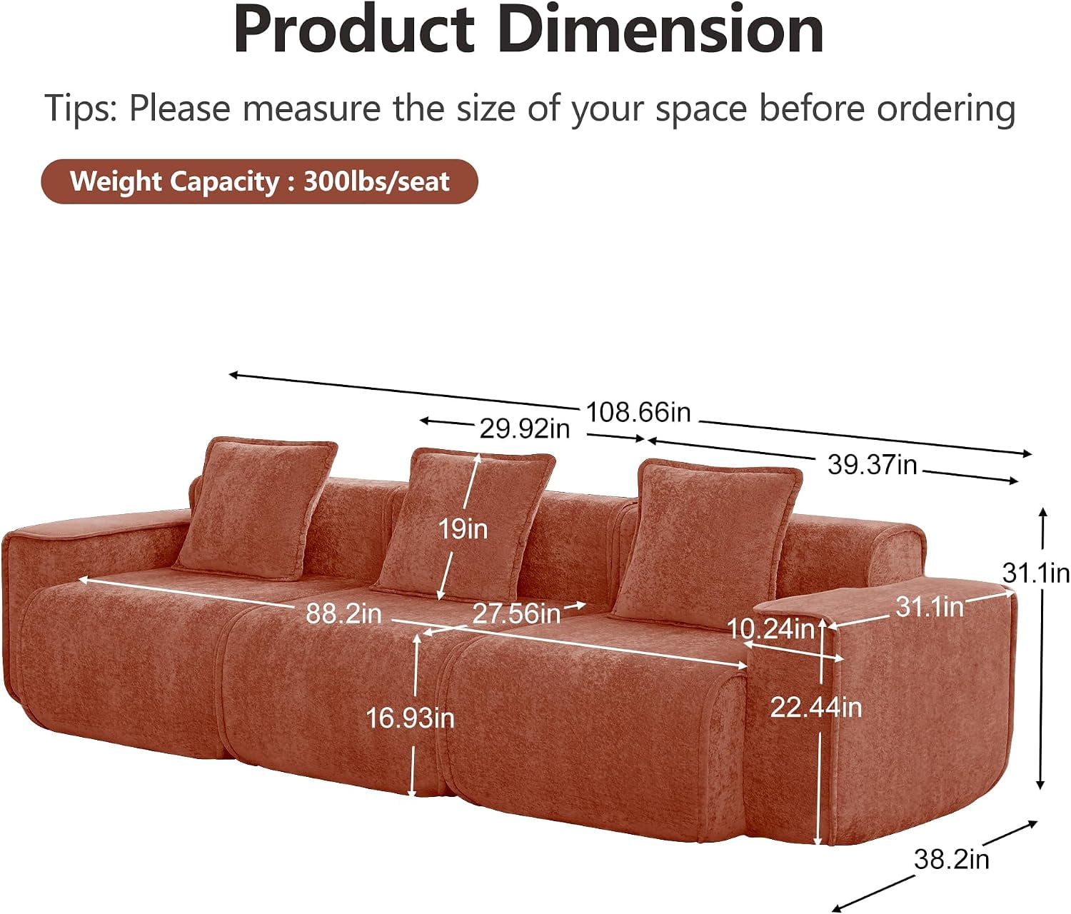 109" 3-Seat Modular U-Shaped Sectional Sofa, Red Velvet with Throw Pillows, No Assembly Required