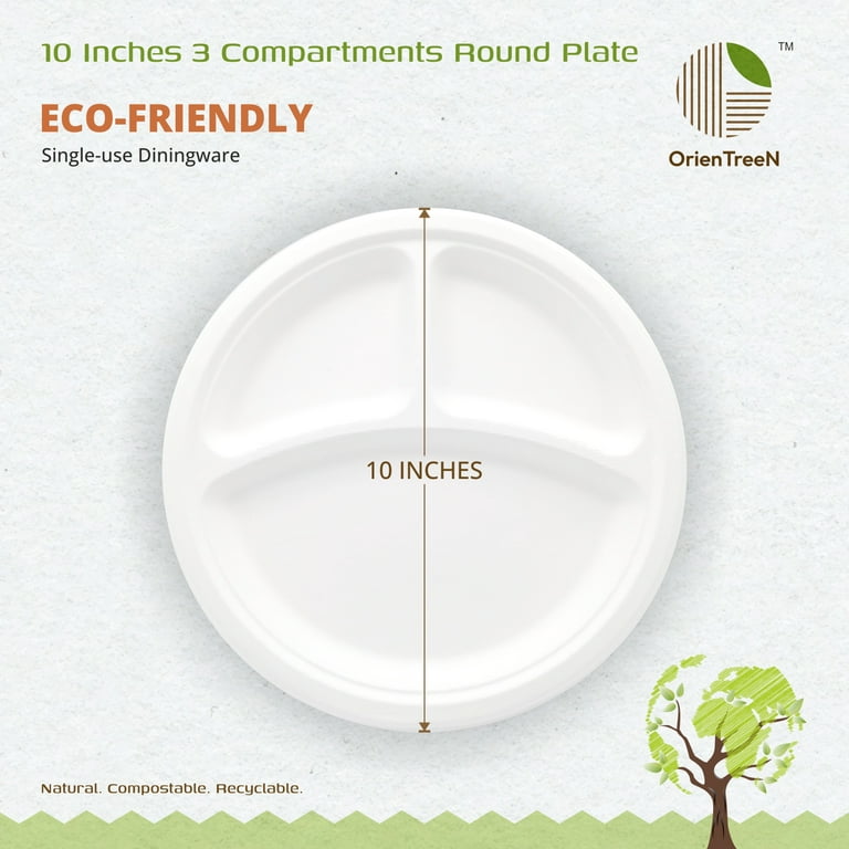 100% Compostable Paper Plates [10 inch - 125-Pack] 3 Compartment