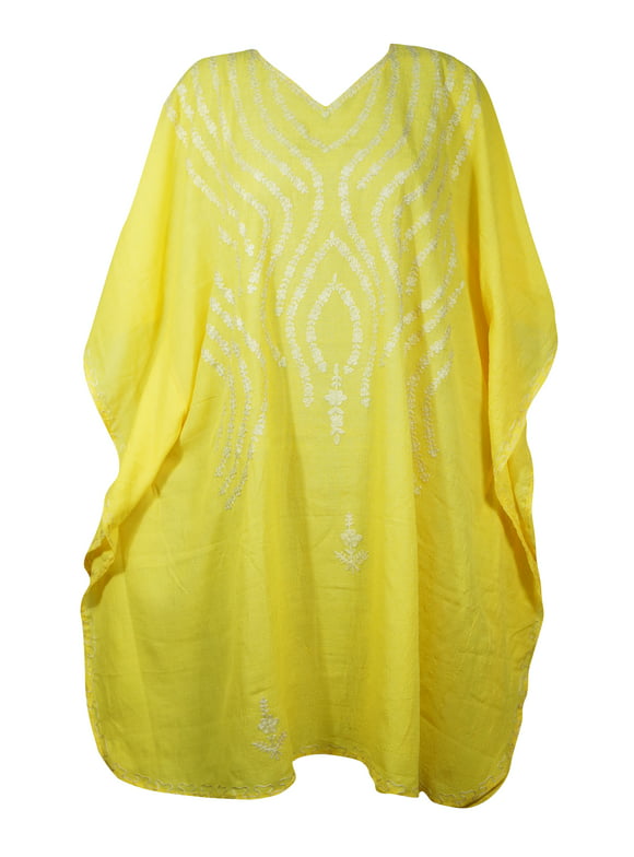 Mogul Women Lemon Yellow Floral Embroidery Caftan Dress V-Neck Kimono Resort Wear Mid Length Cover Up Kaftan Dresses 2XL