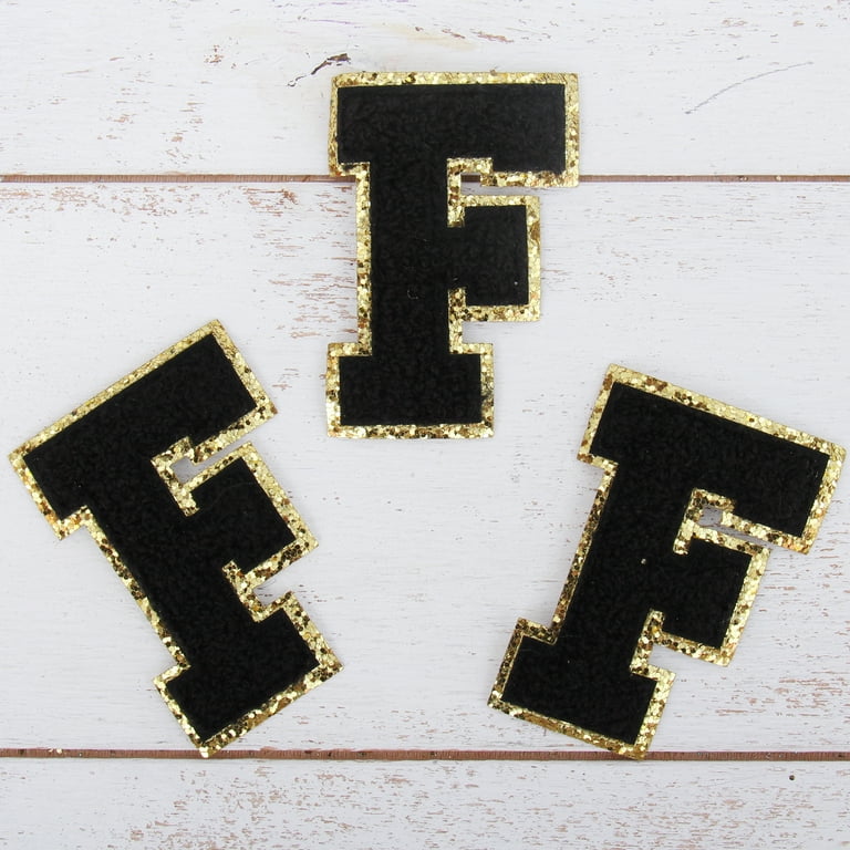 3 Pack Chenille Iron On Glitter Varsity Letter F Patches - Black Chenille  Fabric With Gold Glitter Trim - Sew or Iron on - 5.5 cm Tall