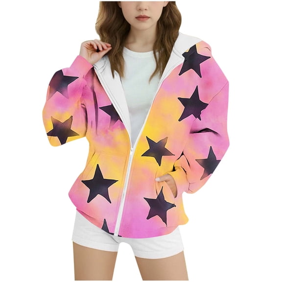 Owordtank Girls Tie Dye Star Print Zip Up Hooded Sweatshirt Jacket With Front Pockets