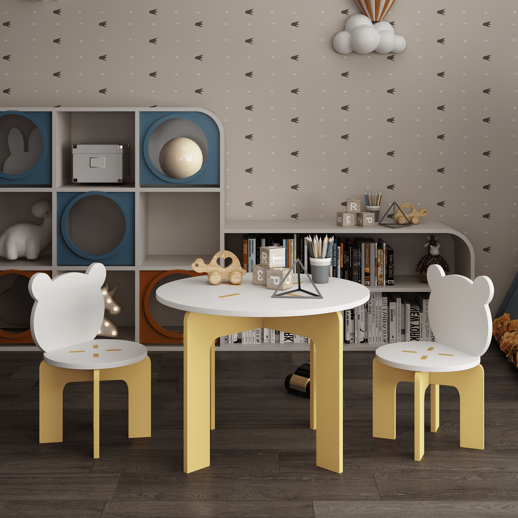 Kids Table and Chair Set, 3-Piece Toddler Table with 2 Chairs, Cute Bear-Back Chairs, Sturdy Wooden Activity Table Set for Kids, Playroom, Bedroom, Preschool