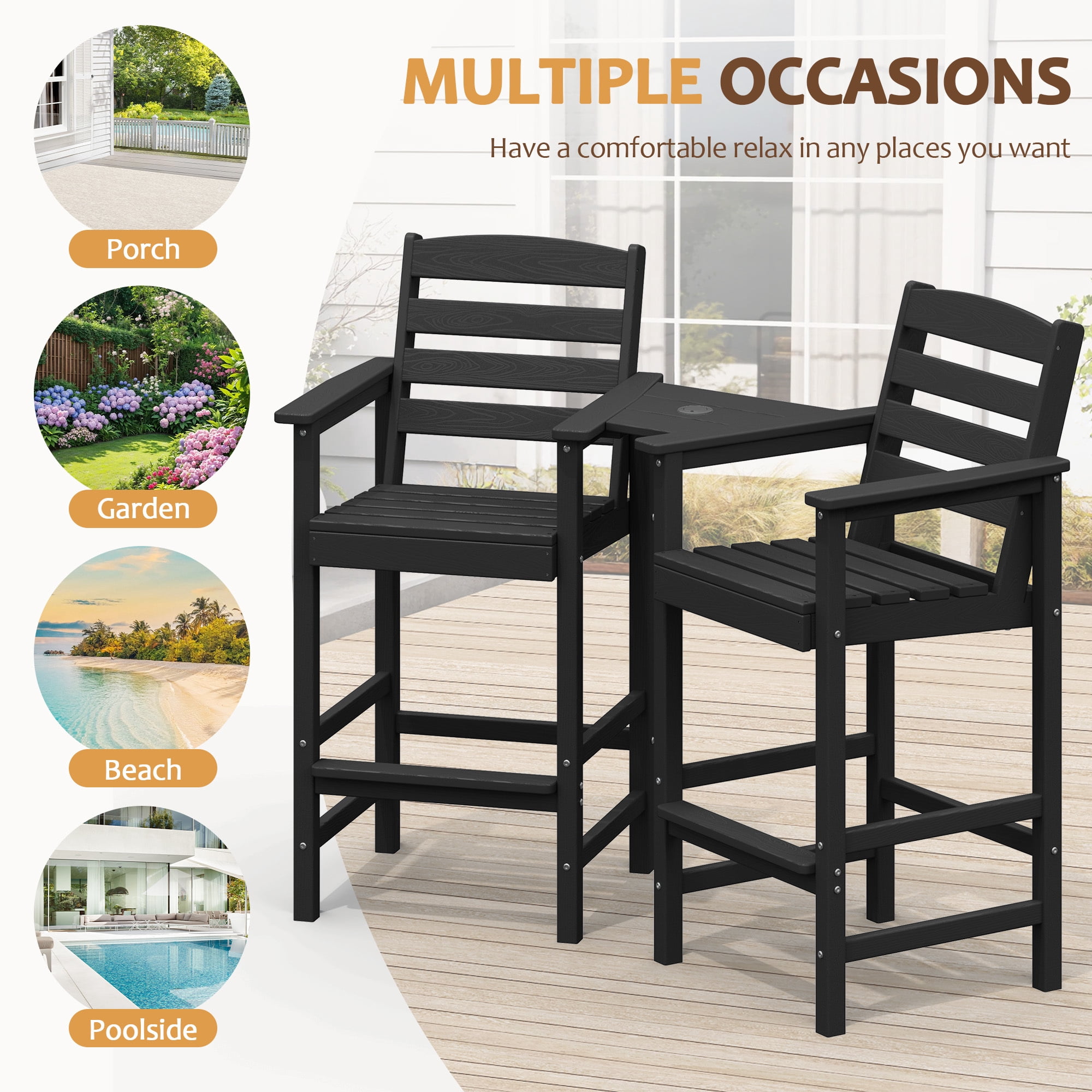 RIAFUN HDPE Height Bar Stools Set of 2 with Removable Connecting Table, Weather Resistant Outdoor Tall Adirondack Chairs with Umbrella Hole for Patio, Poolside, Garden, Black