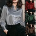thumbnail image 6 of Puntoco Women's Satin Silk Button Down Blouse, Loose Fit Collared Long Sleeve Shirt, Elegant Solid Color Dressy Casual Work Top Wine XL, 6 of 6