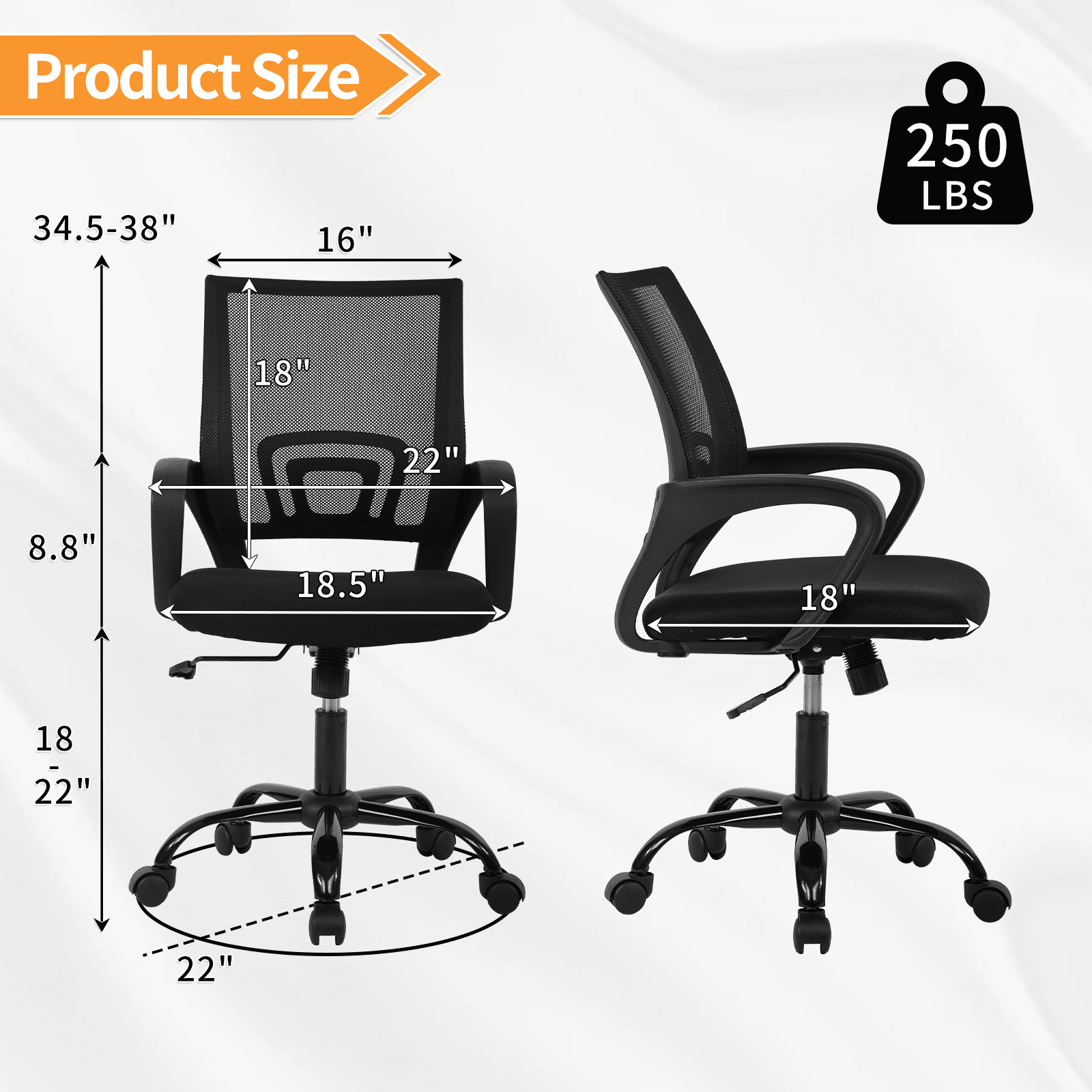 Mid Back Desk Chair Mesh Office Chair Task Rolling Swivel Chair Computer Chair with 360° Casters & Armrest, Black