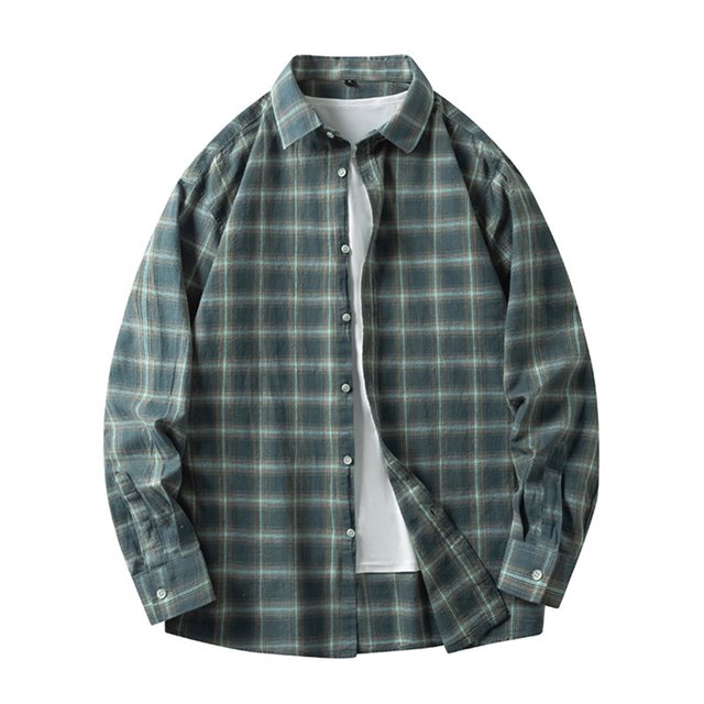 Blusa y camisa de manga larga con cuello vuelto, camisa informal a cuadros para hombre, blusa holgada juvenil de manga larga con cuello vuelto, blusa de poliéster para hombre