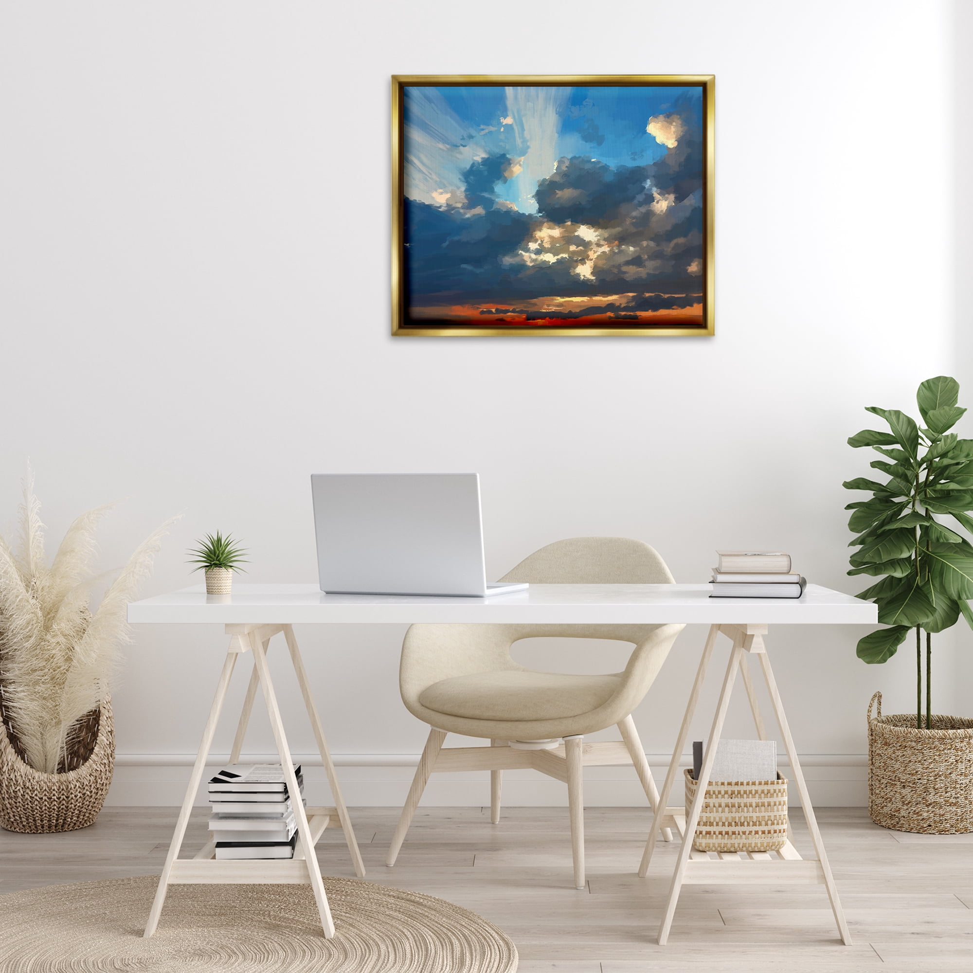 Stupell Industries Sun Rays Through Clouds Landscape & Nature Painting Gold Floater Framed Canvas Art Print Wall Art, 31 x 25
