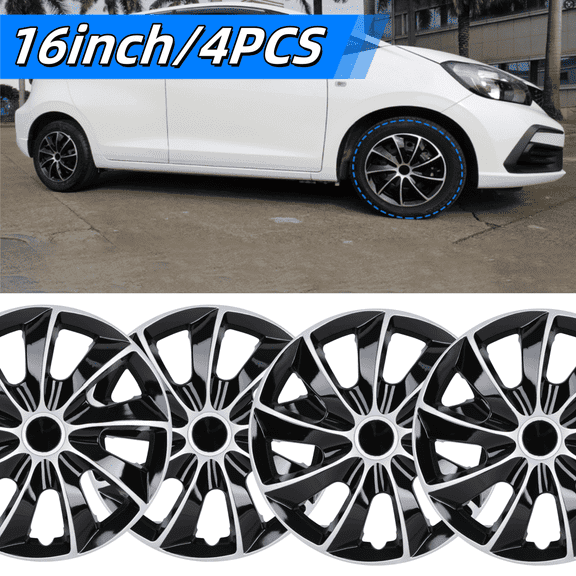 16" Silver & Black Hubcaps/Wheel Covers for Most Cars,Set of 4 Snap on Car Truck SUV,PP Material