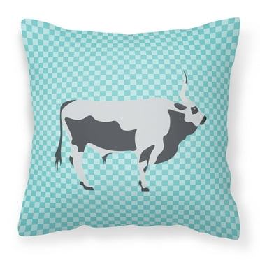 Carolines Treasures BB7998PW1414 Hungarian Grey Steppe Cow Blue Check Fabric Decorative Pillow, 14 x 14 in.